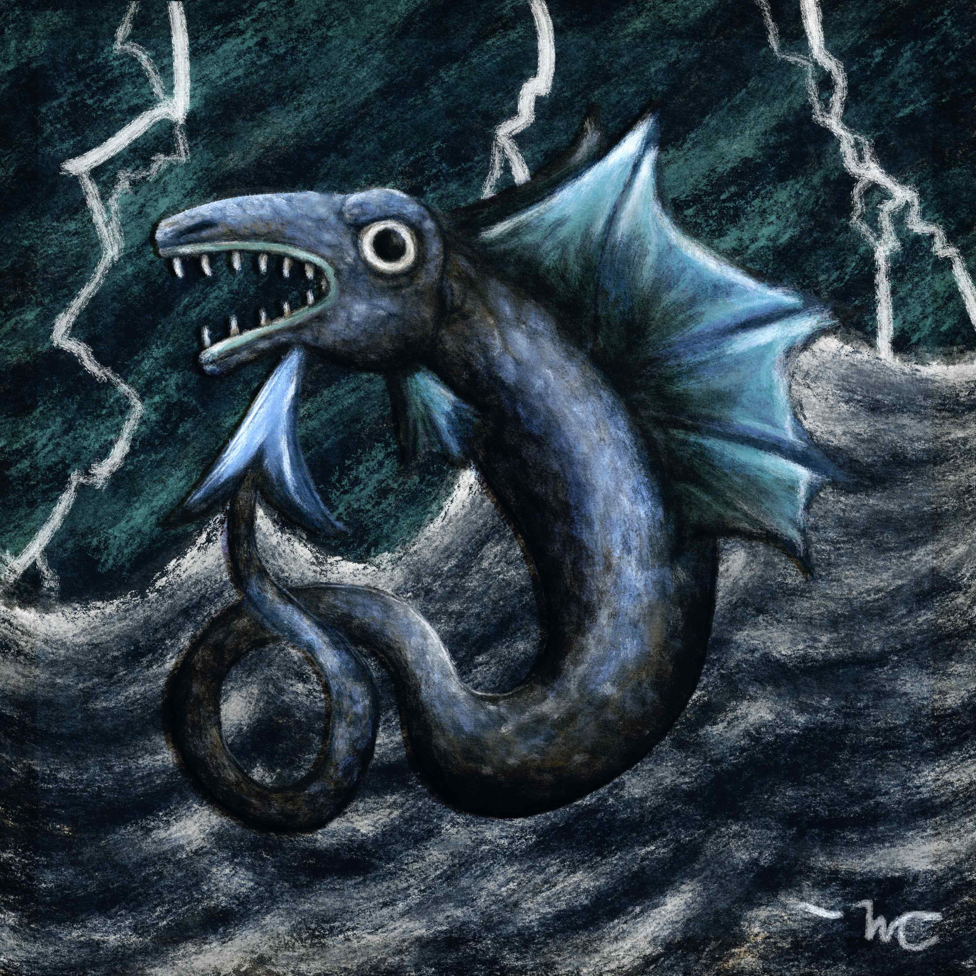 A fishy monster or sea serpent drawn over a stormy ocean background. 